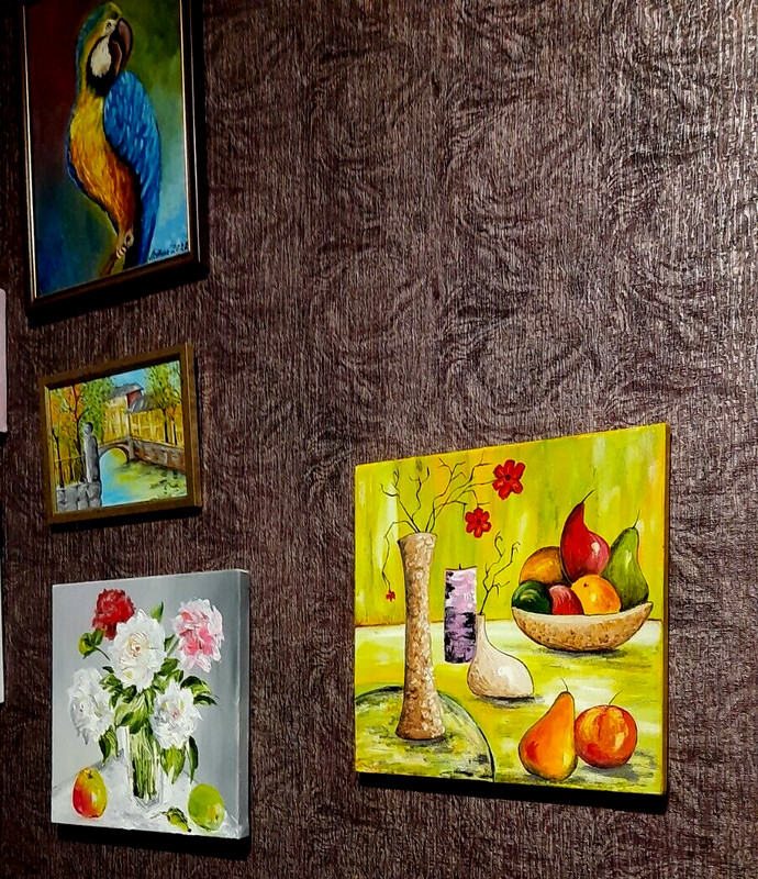 Fruits and flowers in a vase on the table.Original oil painting on canvas 10x10" gallery