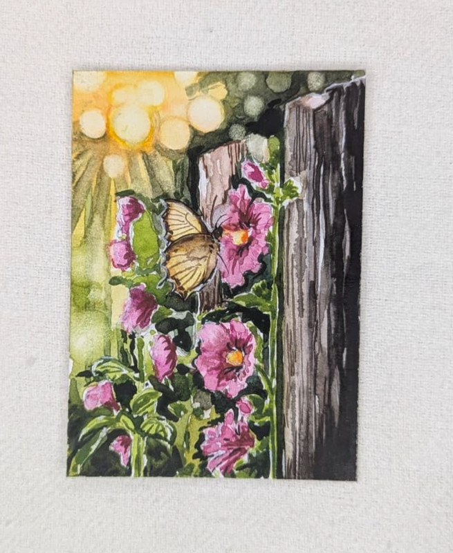 ACEO Original Watercolor Painting Butterfly Pink Flowers Floral OOAK Miniature