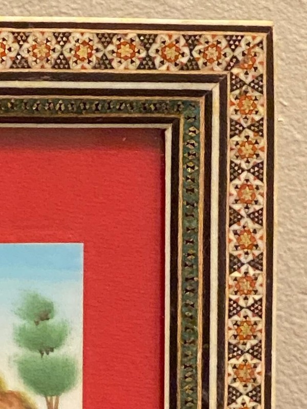 Persian Hand Painted Camel Bone Artwork in Wood Khatam Marquetry Frame Folk Art gallery