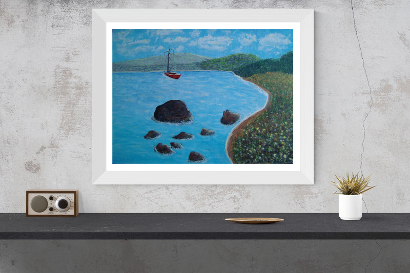 Painting Seascape Original Bob Ross Style Signed Art Sailboat Boat Ocean Bay