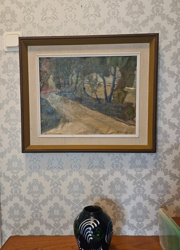 VINTAGE SCANDINAVIAN LANDSCAPE PAINTING COUNTRYSIDE OIL ON CANVAS SIGNED 1945. gallery