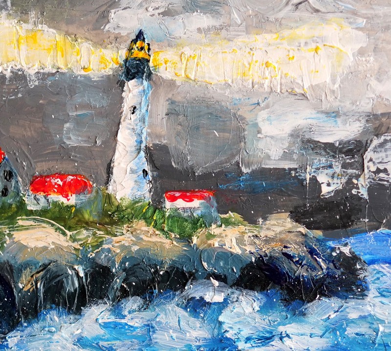 Maine Lighthouse Textured Painting 8x10" Nautical Portland New England Storm gallery