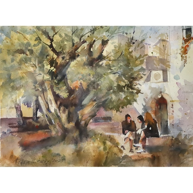 ORIGINAL Painting Impressionism Cityscape Courtyard 10.2″x14.1 Piter Ilitzky