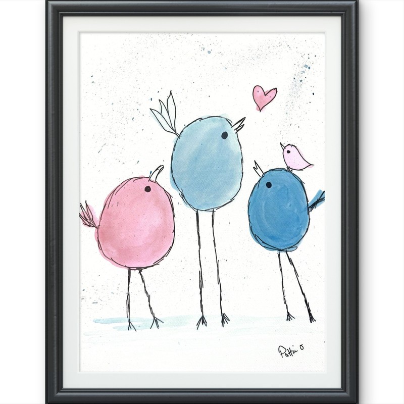 Birds Whimsical Watercolor Fine Art 15X11 Gallery Paper Signed Blue Pink Decor