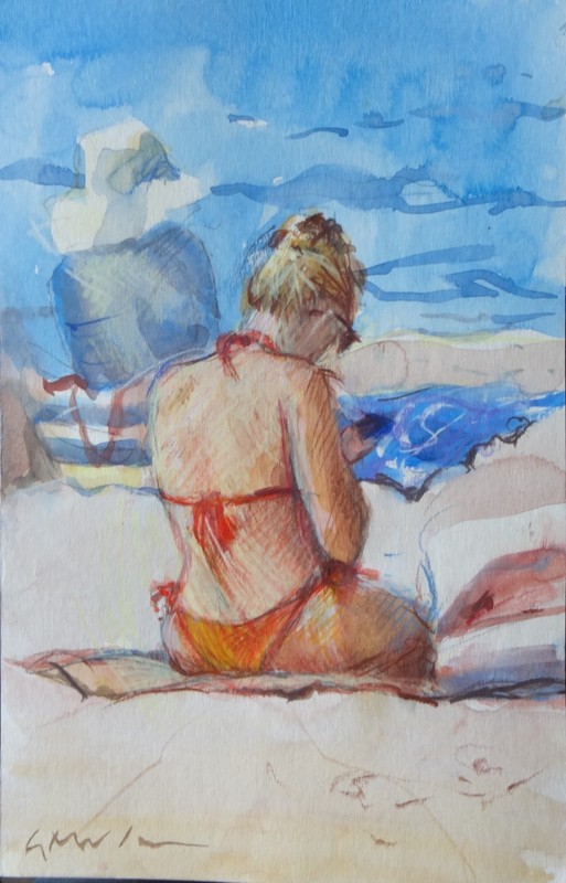 GERRY MILLER. “Beach” watercolor painting on paper. 21 x 15 cm.