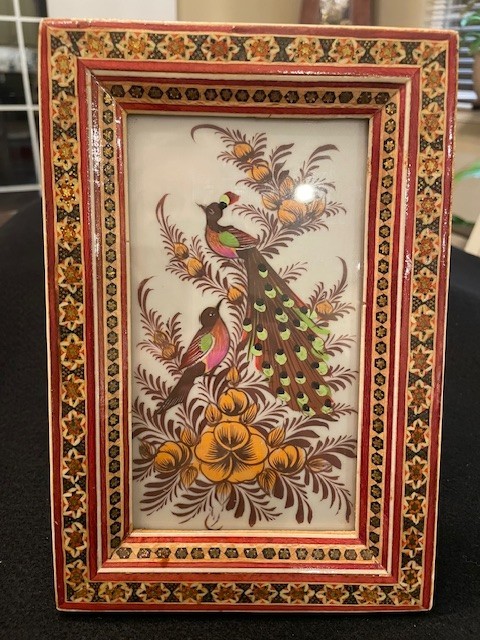 Khatam Marquestry Frame Birds Floral Hand Painted on silk 5.5X8.5 Free standREAD gallery