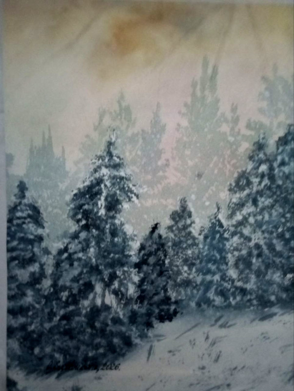 Original watercolor painting landscape Spruce trees in winter monochromeHendmade