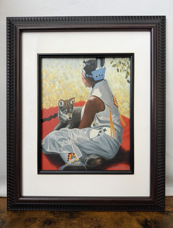 C. McCambridge Native American Oil Painting Framed Indian Girl Wolf Cub Art