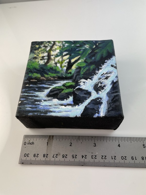Original Tropical Waterfall Acrylic Painting. 4x4 Inches gallery