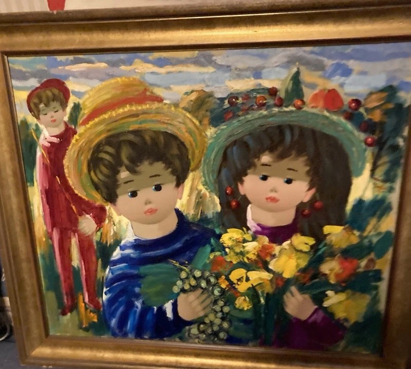 Nino Giuffrida Oil Painting of Boy & Girl Holding Flowers & Grapes 25”x 22” MCM
