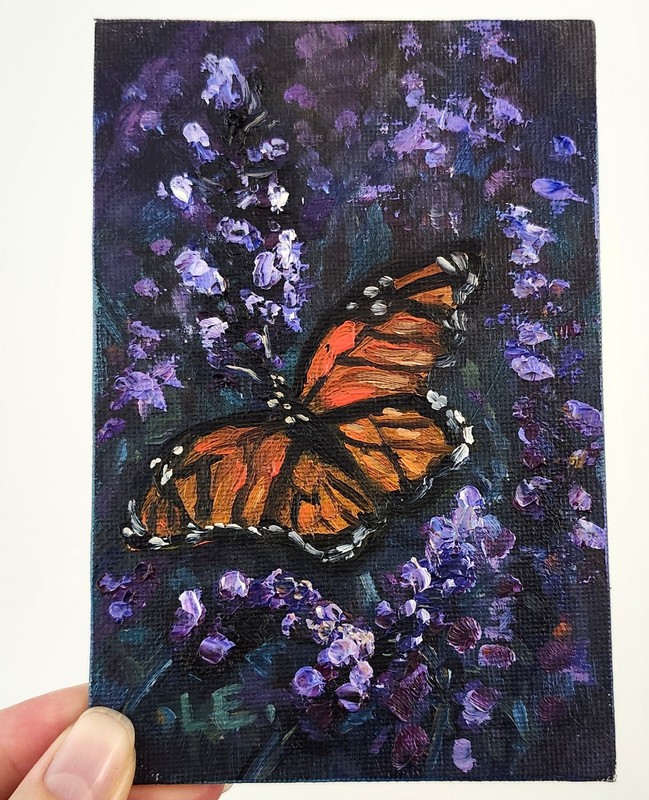 Framed Monarch Butterfly Original Oil Painting 4x6 Textured Lavender Garden Art gallery