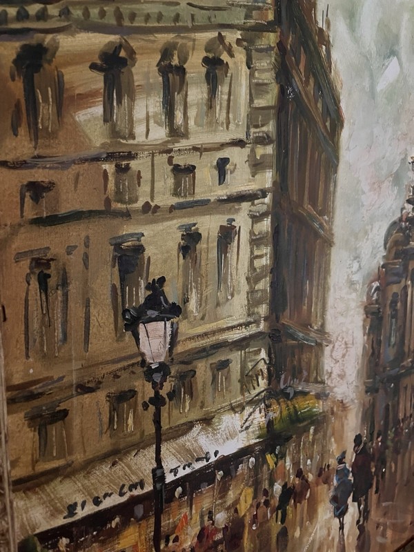 Vintage Paris Street Scene Oil Moody Architecture Painting Signed Framed 41x28 gallery