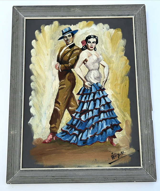 Vintage Spanish Dancers Framed Painting 18″ x 14″ Signed Felix «61 MCM Tourist