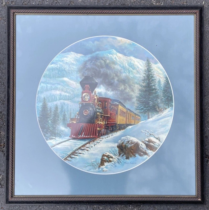 Ted Xaras Oil On Board Snowy Mountain Train Painting 25 1/2″ X 25 1/2″