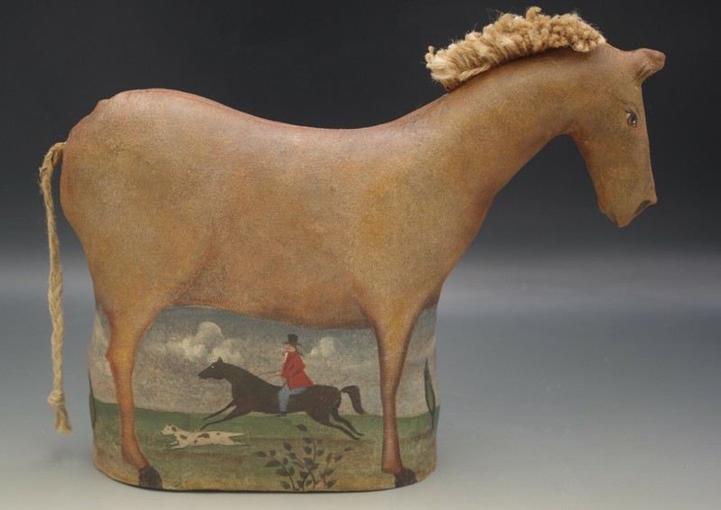 KATHI STINGLE PA FOLK ART CLOTH HORSE WITH HAND PAINTED FOX HUNT SCENE 12″