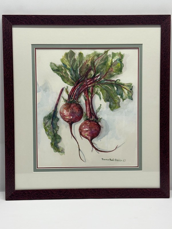 Original Watercolor Painting – Beets Garden Vegetable Green Red – SIGNED Framed