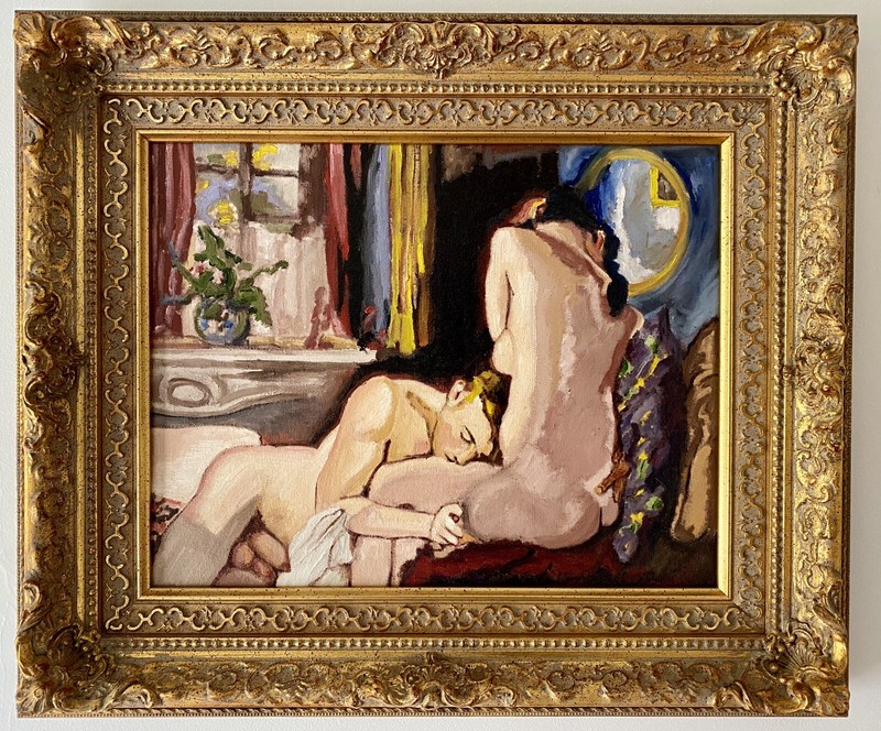 Vintage Russian Erotic Painting after Konstantin Somov Gay Nude Art Deco Oil