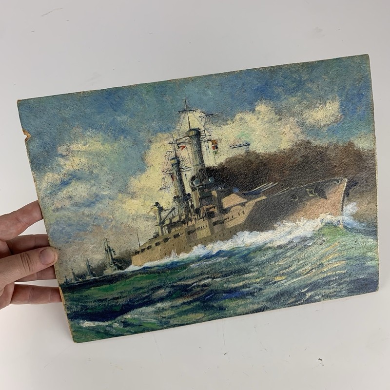 Vintage Oil Painting Naval Battle Ships Seascape Maritime Nautical Art On Board