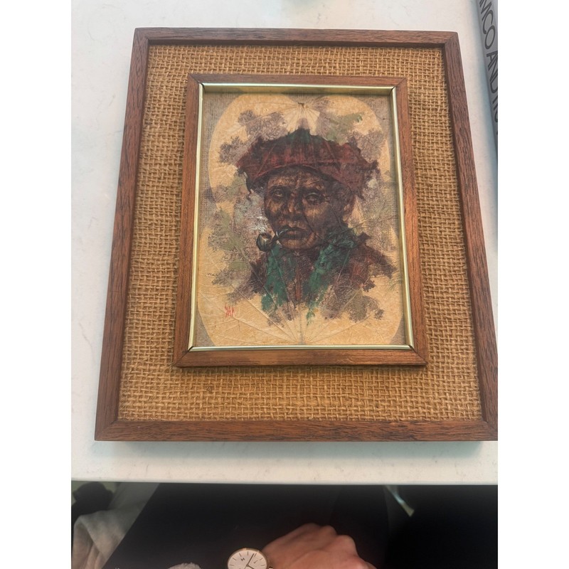 Vintage Mid Century Portrait Painting on tobacco Leaf Signed SAK Burlap Framed