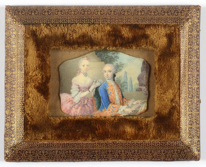 «Aristocratic couple at the harpsichord», fine French miniature, 1750s