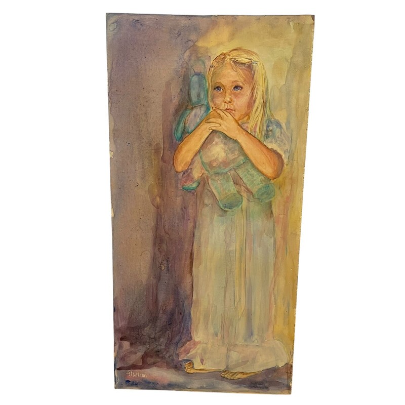 Vtg Portrait Watercolor Painting Girl Child Pajamas Bunny Signed SJ Wilson
