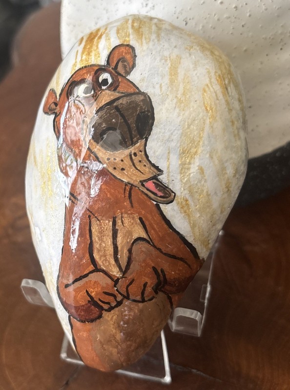 Hand Painted Rock "Fun Cartoon Bear” Garden Decor Art Collectible Paperweight gallery