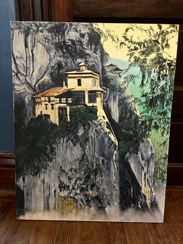 Signed Painting Asian Temple Mt. Fuji Picture Wall Art VTG