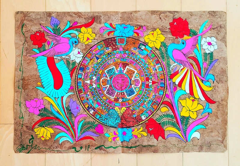 AZTEC CALENDAR OIL ON NATIVE AMATE PAINTING SIGNED -CALENDARIO AZTECA-
