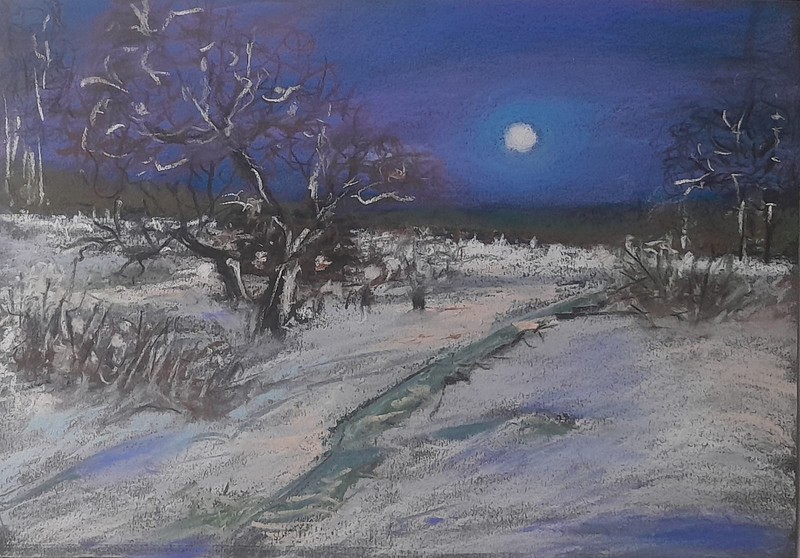 Original Pastel Winter Landscape on Paper – Moonlit Night Scene – 8.3×11.4 in