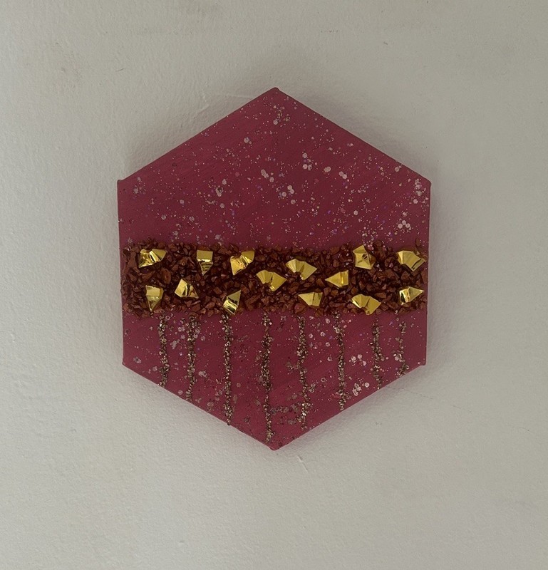 Pink Textured Barbiecore Mixed Metal Hexagon Hand Painted Canvas Painting Art