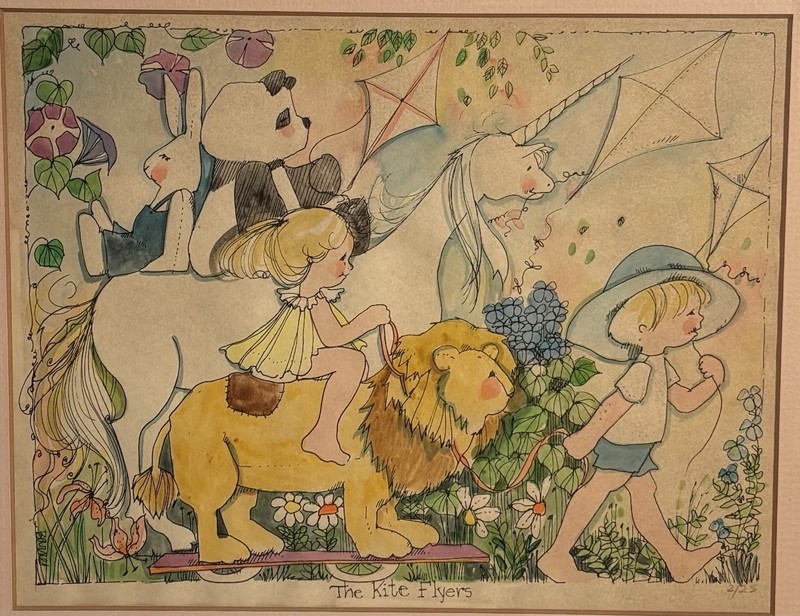 Vtg Pen & Ink Watercolor Diana BARNES ”The Kite Flyers” Numbered Fairytale Kids