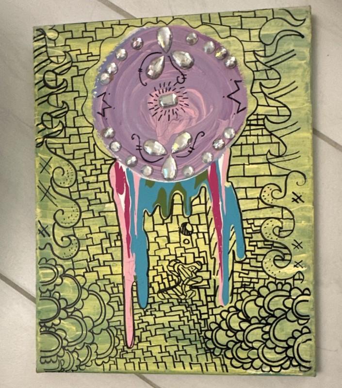 Abstract Fantasy Mixed Media Canvas Painting Pink Purple Green Small Handmade