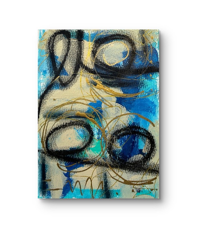 Original Abstract Mixer Media 7”x5” Painting Office Decor Blue Black Gold Art