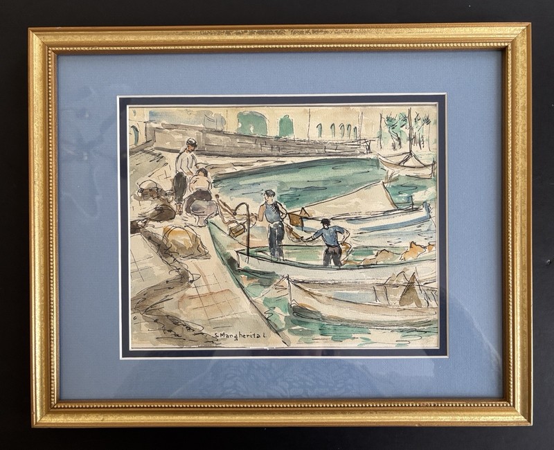 Vtg Framed Pen & Ink Watercolor Painting SANTA MARGHERITA Italy Fishermen Boats