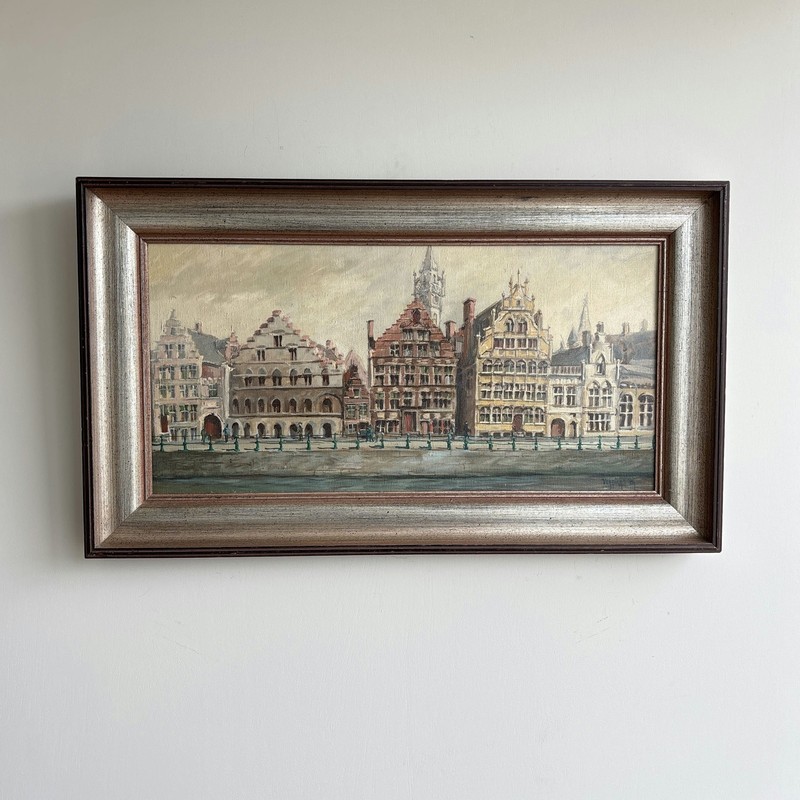 Original Cityscape Oil Painting «Row Houses» Rustic Large Artwork