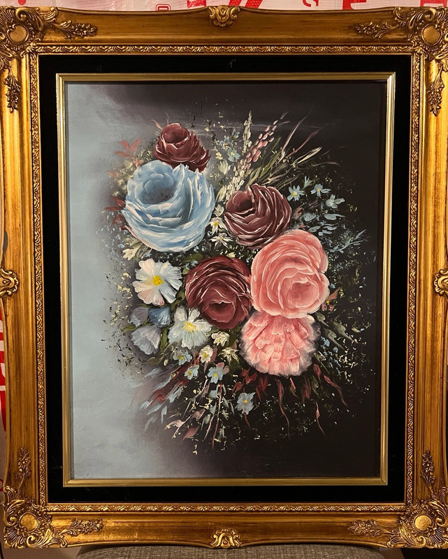 Framed Floral Still Life Painting Roses & Daisies Bouquet Ornate Gold Frame