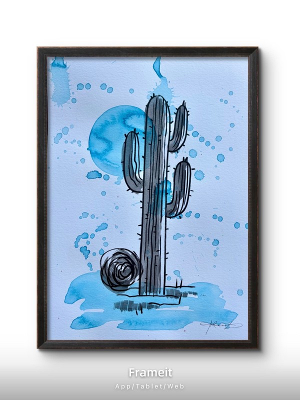 Original Blue Cactus Painting By Alannah Dyer- Acrylic 9×12 in. Trendy Desert