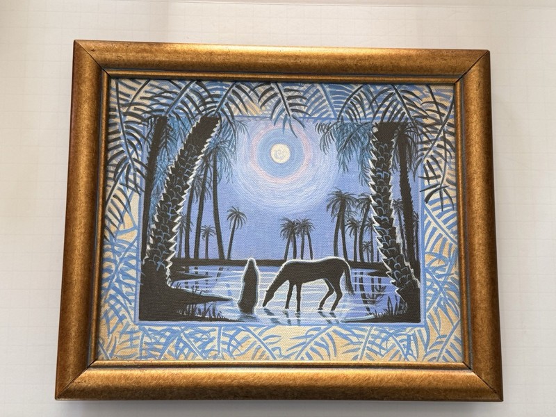 Hand Painted Arabian Desert Oasis Man And Horse Picture 11.5” L by 8.5” W