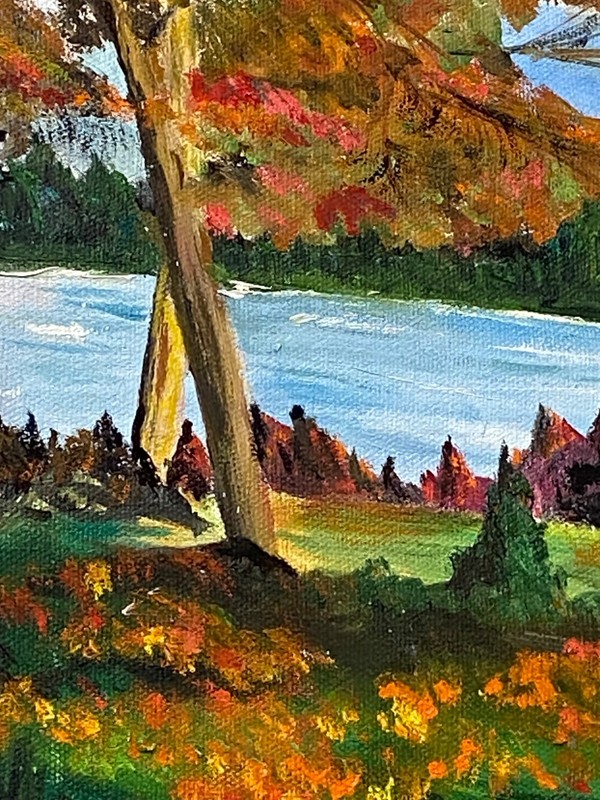 Autumn Scene Oil on Canvas Painting Signed 24”W x 18”H Vibrant, Farm Trees Road gallery