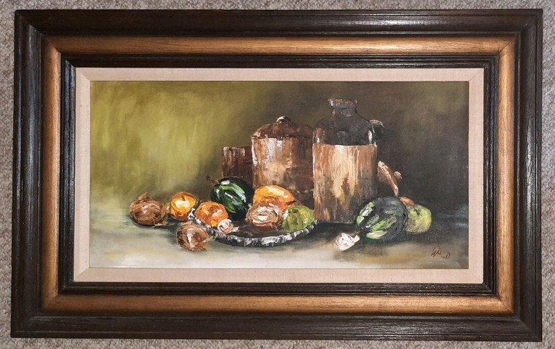 Vintage Visual Oil Panting Vegetables, Canister, Jug, Glass On Counter Top