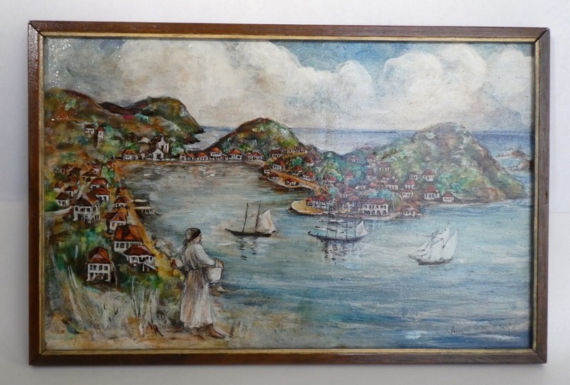 Original Oil on Board PAINTING Seascape Port Harbor City Ships Women Signed