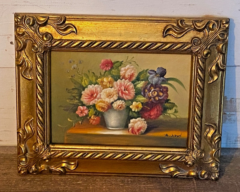 Signed Vintage ORIGINAL B. Ward Oil Painting Floral Flowers Still Life 9″ X 8″