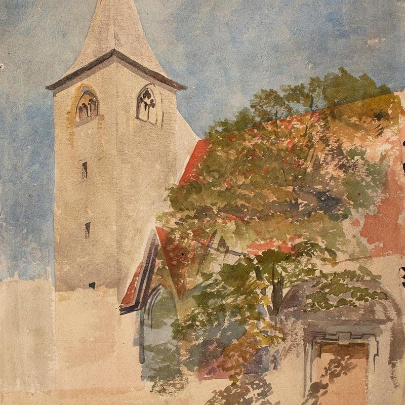 Local View Church Southern Germany Study Estate Hesse Unsign Watercolor c1900