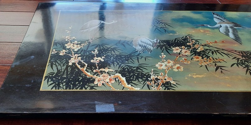 Vintage Asian Art Cranes Lotus Acrylic Painting on Plywood Vietnam 31 x 16 in gallery