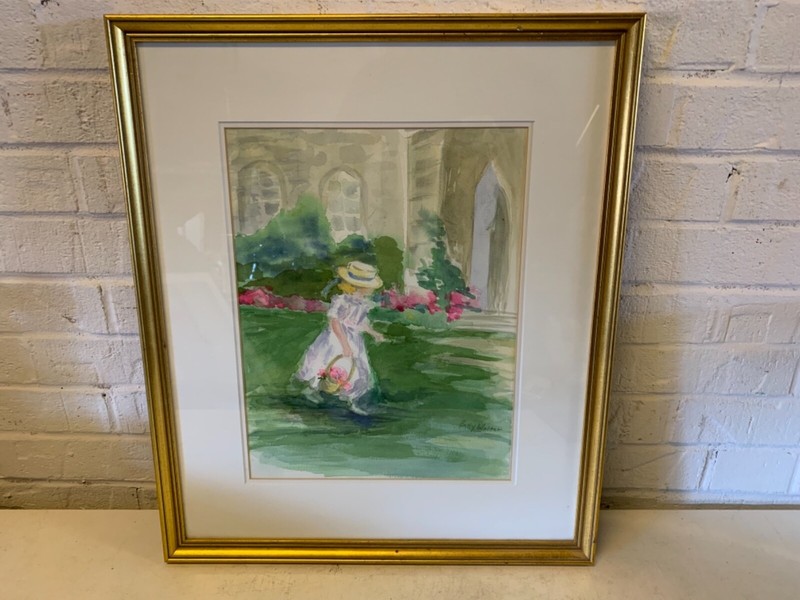 Vintage/Antique Betty Walter «Flower Girl» Framed Watercolor Painting $600 Label