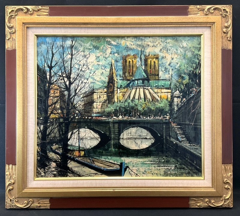 Luigi Bassini Oil Painting Paris Seine River Notre Dame Landscape Large Framed