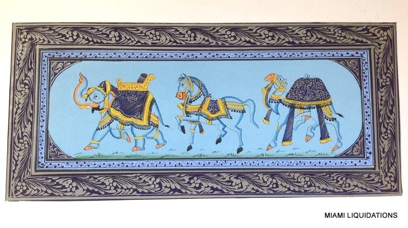 Royal Mughal Elephant Horse Camel Miniature Painting India Silk Watercolor 8x3"