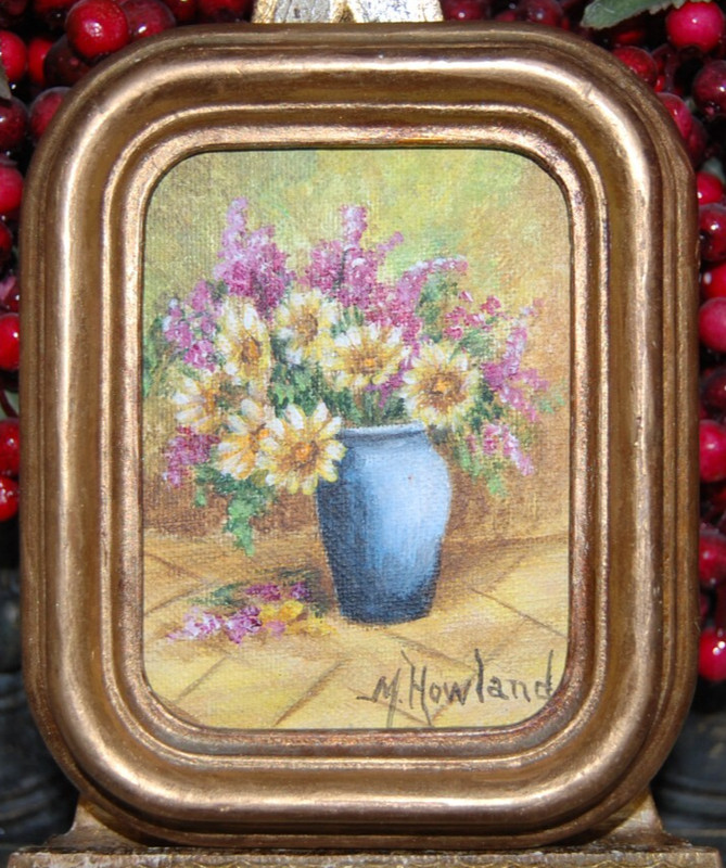 VTG FRAMED MINIATURE OIL SUNFLOWER & LILAC FLOWER ON VASE CUBAN ARTIST M HOWLAND