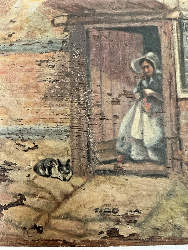 English Cottage Scene Oil Painting on Mahogany Board signed Frank Gill 1942 gallery