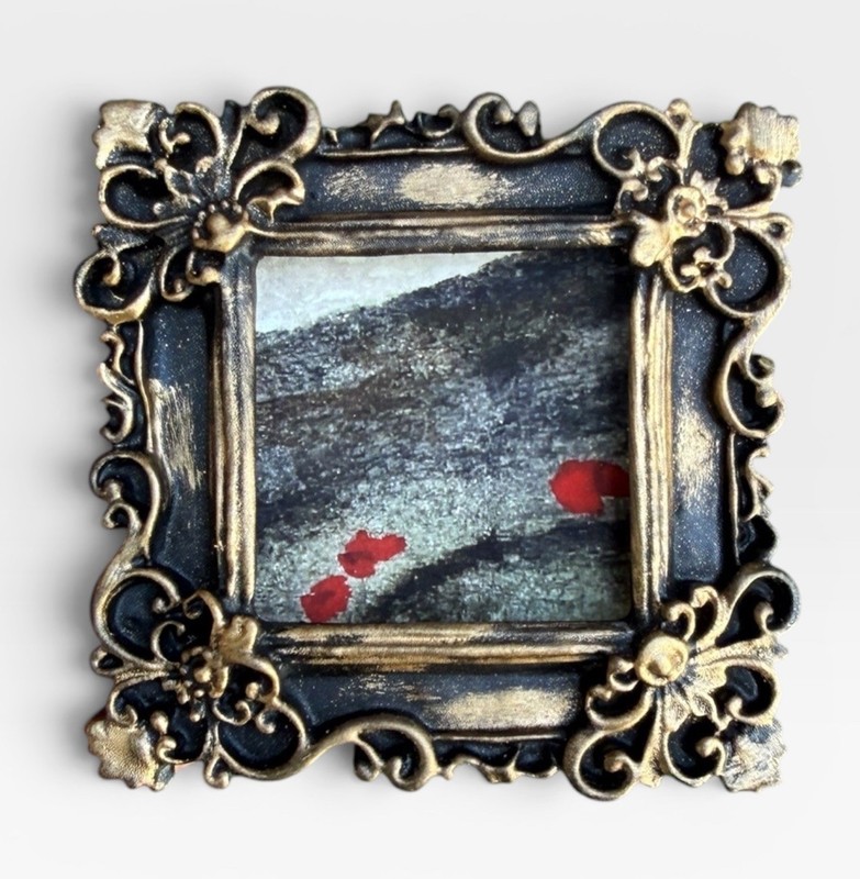 TEENY MINI • Poppy Field Landscape watercolor print in TINY ornate frame